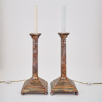 Lot 339 - Pair of Silver Plated Columnar Lamps Height 13...