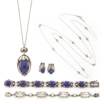 Lot 1654 - Group of Sterling Silver and Lapis Jewelry, Georg Jensen, and Long Sterling Silver and Aquamarine Chain Necklace, Tiffany & Co., Elsa Peretti