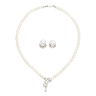 Lot 1222 - Cultured and Freshwater Pearl, White Gold and Diamond Lariat Necklace and Pair of Baroque Cultured Pearl Earclips