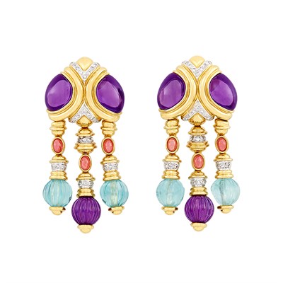 Lot 19 - Pair of Gold, Cabochon Amethyst, Fluted Bead and Diamond Fringe Earrings