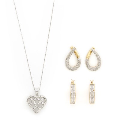 Lot 1912 - White Gold and Diamond Heart Pendant with Chain Necklace and Two Pairs of Two-Color Gold and Diamond Earrings