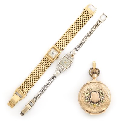 Lot 1332 - Gold Wristwatch, Double Strand White Gold and Diamond Wristwatch and Variegated Gold-Filled Hunting Case Pocket Watch