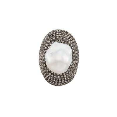 Lot 1562 - Gold, Silver, Baroque Cultured Pearl and Diamond Dome Ring