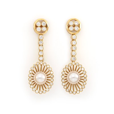 Lot 1910 - Pair of Gold, Cultured Pearl and Diamond Pendant-Earrings