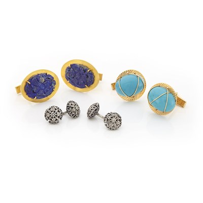 Lot 1760 - Pair of Gold and Turquoise Cufflinks, Gold and Carved Lapis Cufflinks and Silver Cufflinks