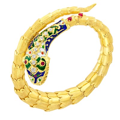 Lot 237 - Gold, Enamel, Diamond and Ruby Snake Bracelet