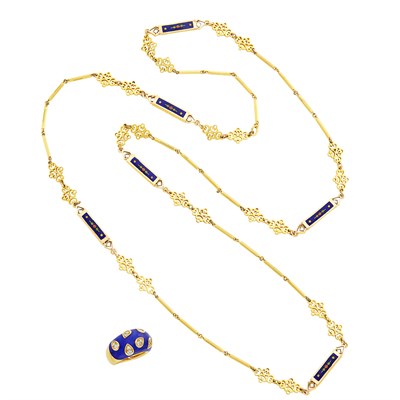 Lot 257 - Long Gold and Enamel Chain Necklace and Enamel and Diamond Bombé Ring