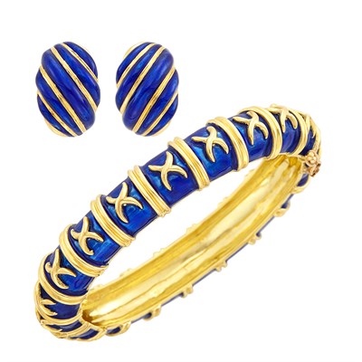 Lot 217 - Gold and Blue Enamel Bangle Bracelet and Pair of Earclips