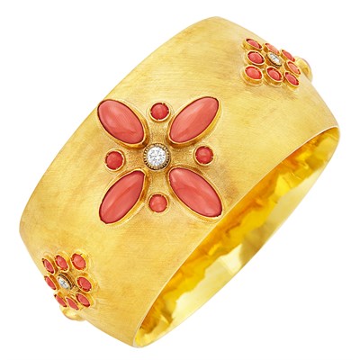 Lot 248 - Gold, Coral, and Diamond Cuff Bangle Bracelet