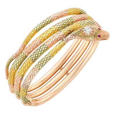 Lot 441 - Tricolor Gold, Diamond and Gem-Set Snake Bangle Bracelet