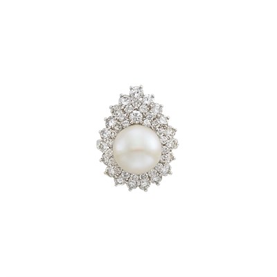 Lot 153 - Platinum, Cultured Button Pearl and Diamond Ring-Dant