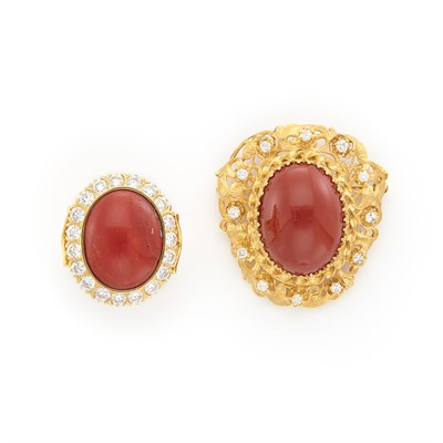 Lot 1523 - Gold, Coral and Diamond Ring and Red Stone and Diamond Brooch