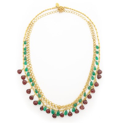 Lot 1563 - Double Strand High Karat Gold, Gold, Garnet and Emerald Fringe Necklace