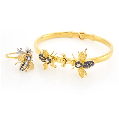 Lot 1564 - Gold, Sapphire and Diamond Insect Bangle Bracelet and Ring