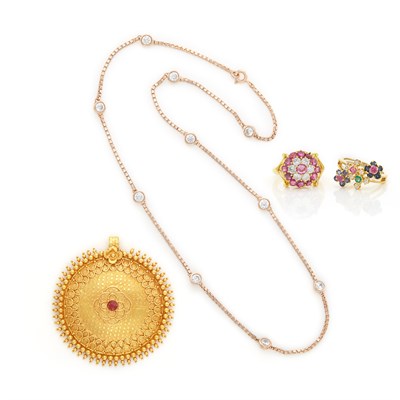 Lot 1440 - Gold Pendant with Rose-Gilt and Simulated Diamond Chain and Two Gold, Gem-Set and Diamond Rings