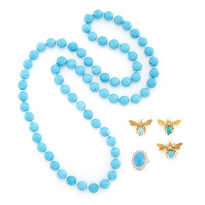 Lot 1215 - Dyed Magnesite Bead Necklace, Platinum, Turquoise and Diamond Ring, and Three Gold and Turquoise Insect Pins