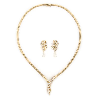 Lot 1923 - Pair of Gold and Diamond Pendant-Earrings and Necklace