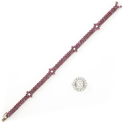 Lot 1813 - Platinum and Diamond Ring and White Gold, Ruby and Diamond Bracelet