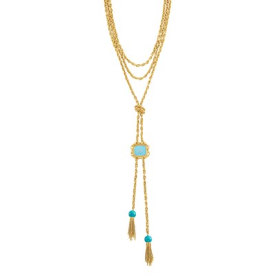Lot 657 - Gold and Turquoise Lariat Pendant-Watch Necklace, Piaget