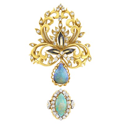Lot 520 - Gold, Opal, Diamond and Black Enamel Brooch, La Triomphe, and Ring