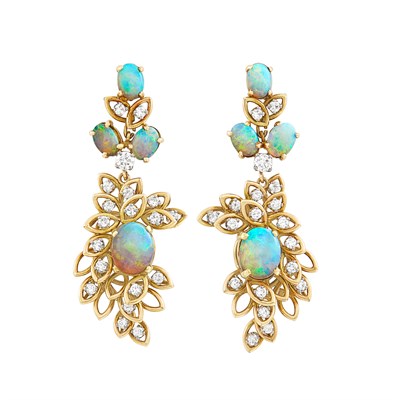 Lot 522 - Pair of Gold, Opal and Diamond Pendant-Earrings