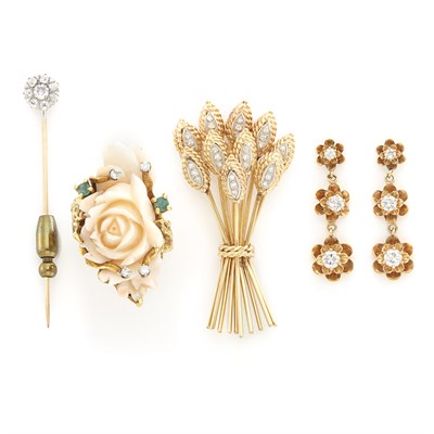 Lot 1504 - Pair of Gold and Diamond Pendant-Earrings, Stick Pin, Wheat Brooch and Carved Angel Skin Coral, Emerald and Diamond Ring