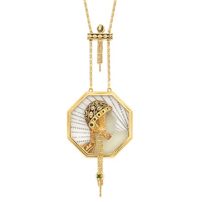 Lot 50 - Gold, Rock Crystal and Emerald 'Wings of Victory' Pendant-Necklace, Erté