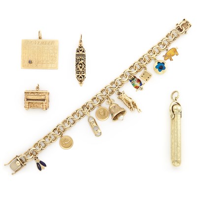 Lot 1448 - Gold, Gilt-Metal and Enamel Charm Bracelet, Three Charms and Pencil