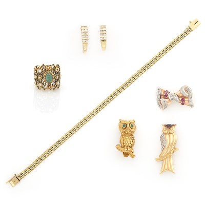 Lot 1329 - Gold Owl Pin, Kurt Wayne, Rose Gold, Diamond and Ruby Bow Pin, Pair of Gold and Diamond Earrings, Owl Pin, Ring and Bracelet