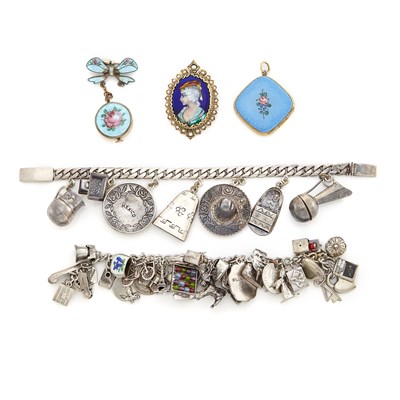 Lot 1402 - Two Silver and Metal Charm Bracelets, Charm and Two Brooches