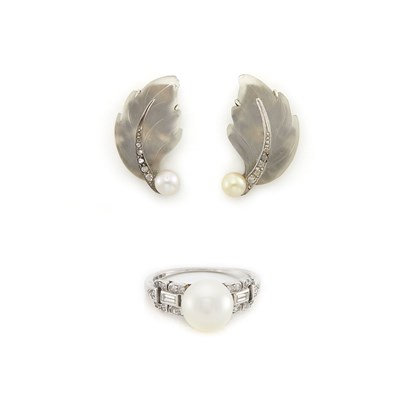 Lot 1809 - Pair of White Gold, Silver, Carved Frosted Rock Crystal, Pearl and Diamond Earrings and Platinum, Cultured Pearl and Diamond Ring