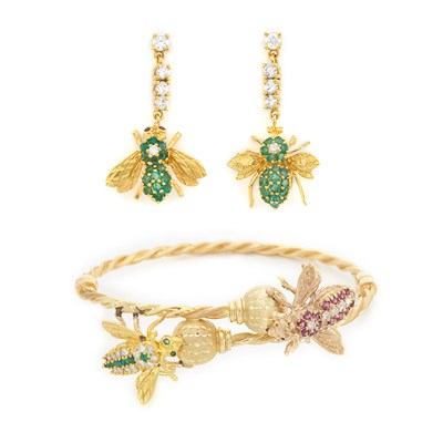 Lot 1430 - Gold, Diamond and Gem-Set Insect Bangle Bracelet and Pair of Gold and Low Karat Gold Pendant-Earrings