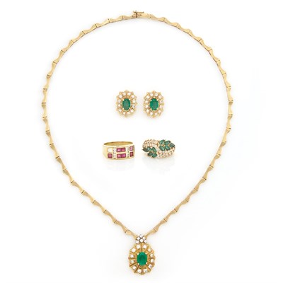 Lot 1850 - Gold, Emerald and Diamond Pendant-Necklace, Ring and Pair of Earclips, and Ruby and Diamond Ring