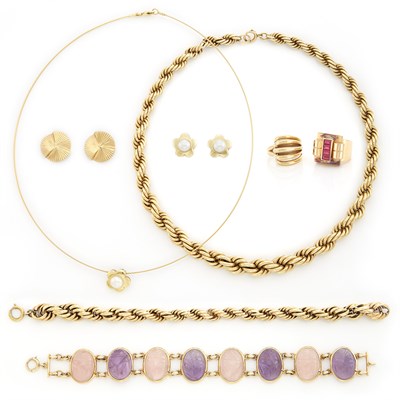 Lot 1703 - Group of Gold, Diamond, Cultured Pearl and Amethyst and Synthetic Ruby Jewelry