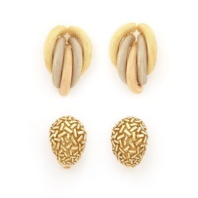 Lot 1429 - Pair of Gold Bombé Earrings and Tricolor Gold Earrings