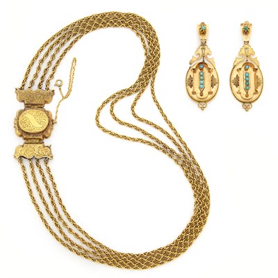 Lot 2000 - Antique Four Strand Gold Mourning Locket Chain and Pair of Gold and Turquoise Pendant-Earrings