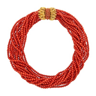 Lot 56 - Fourteen Strand Coral Bead Torsade Necklace with Gold and Coral Clasp