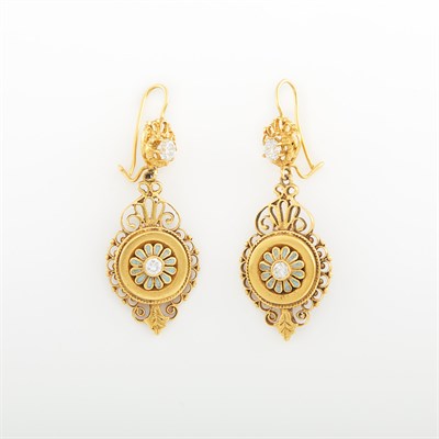 Lot 1994 - Pair of Gold, Diamond and Enamel Pendant-Earrings
