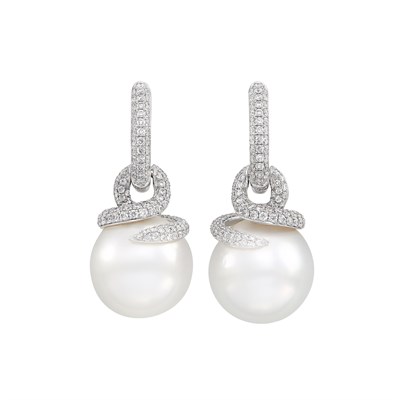 Lot 525 - Pair of White Gold, Diamond and South Sea Cultured Pearl Pendant-Earrings