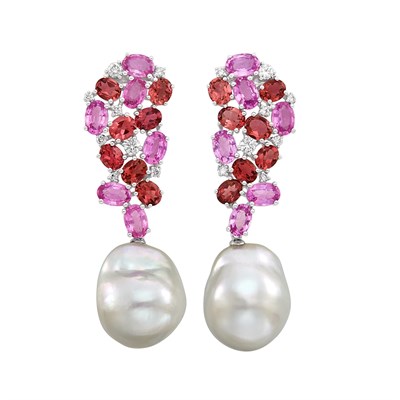 Lot 168 - Pair of White Gold, Gem-Set, Diamond and South Sea Baroque Cultured Pearl Pendant-Earrings