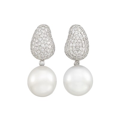 Lot 151 - Pair of White Gold, Diamond and South Sea Cultured Pearl Pendant-Earrings