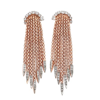 Lot 597 - Pair of Rose Gold and Diamond Fringe Earrings