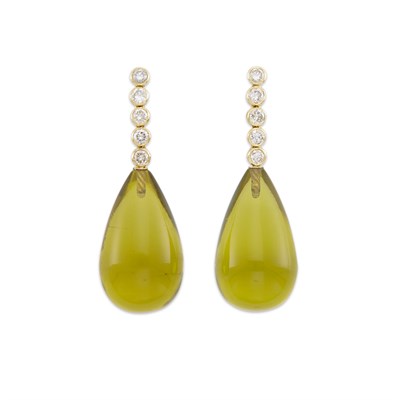 Lot 1138 - Pair of Gold, Diamond and Lemon Quartz Pendant-Earrings
