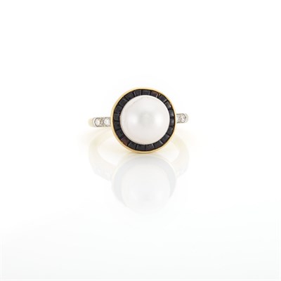 Lot 1159 - Gold, Freshwater Pearl, Garnet, and Diamond Ring