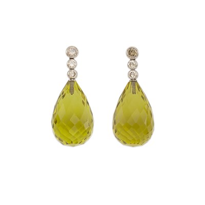 Lot 1211 - Pair of White Gold, Lemon Quartz Briolette and Brown Diamond Pendant-Earrings