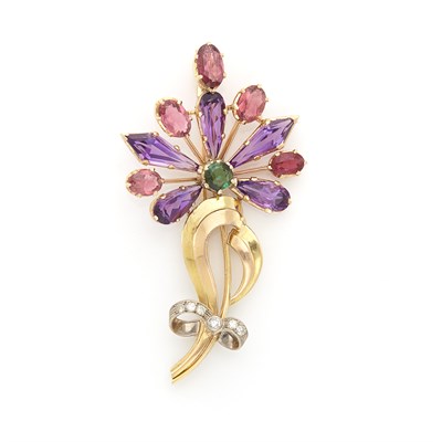 Lot 1468 - Two-Color Gold, Gem-Set and Diamond Brooch