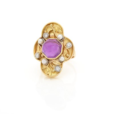 Lot 1534 - Gold, Cabochon Amethyst, Cultured Pearl and Diamond Ring