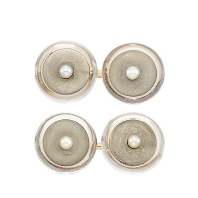 Lot 561 - Pair of Gold, Platinum, Rock Crystal and Split Pearl Cufflinks, Cartier