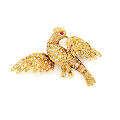 Lot 73 - Gold, Diamond and Ruby Bird Brooch, France