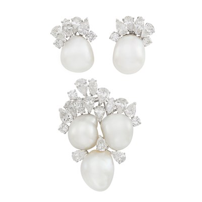 Lot 313 - Pair of Platinum, Baroque Cultured Pearl and Diamond Earclips and Clip-Brooch